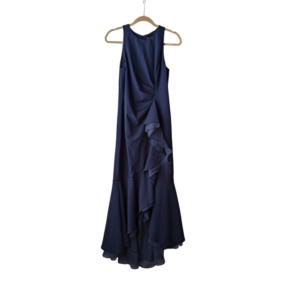 Adrianna Papell Women's Crepe Ruffle Gown, Elegant Navy Size 8 - Picture 2 of 4